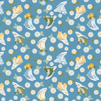 Sunshine & Dandelions Shoes Blue fabric by Traci Reed featuring colorful high-top sneakers, daisies and leaves on a blue background