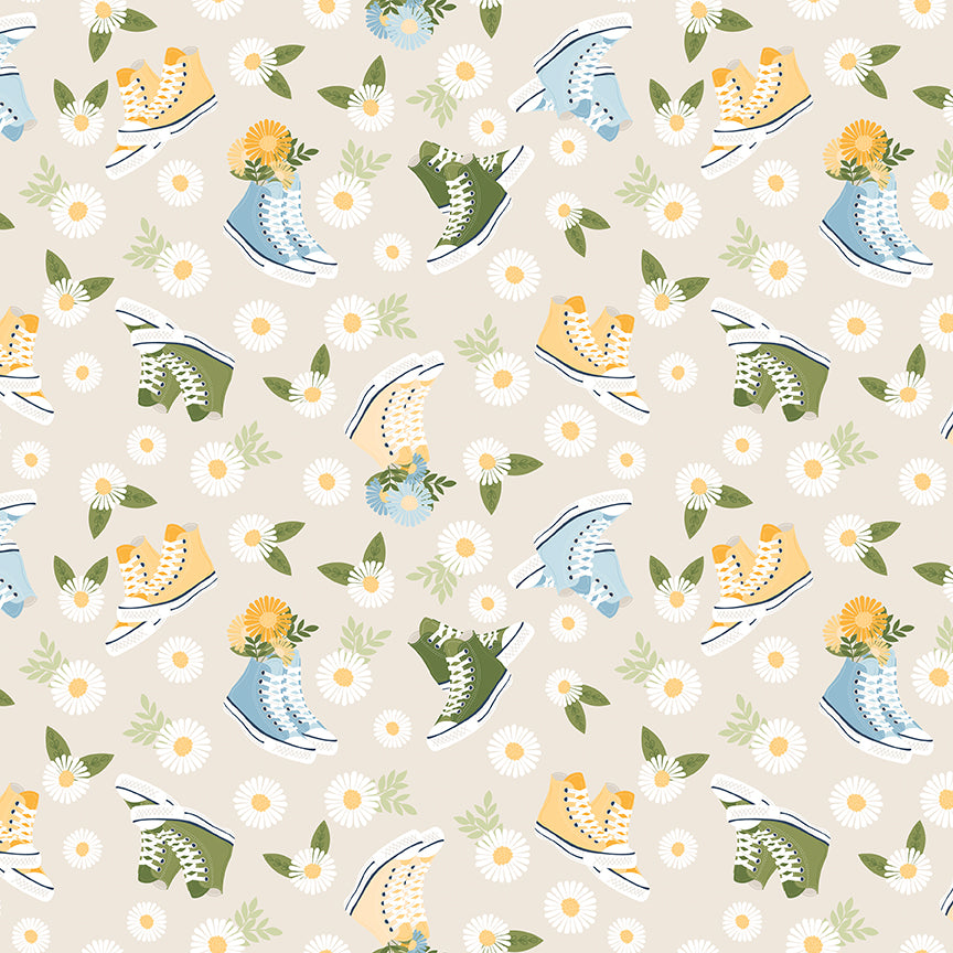 Sunshine & Dandelions Shoes Cream fabric by Traci Reed featuring colorful high-top sneakers, daisies and leaves on a cream background