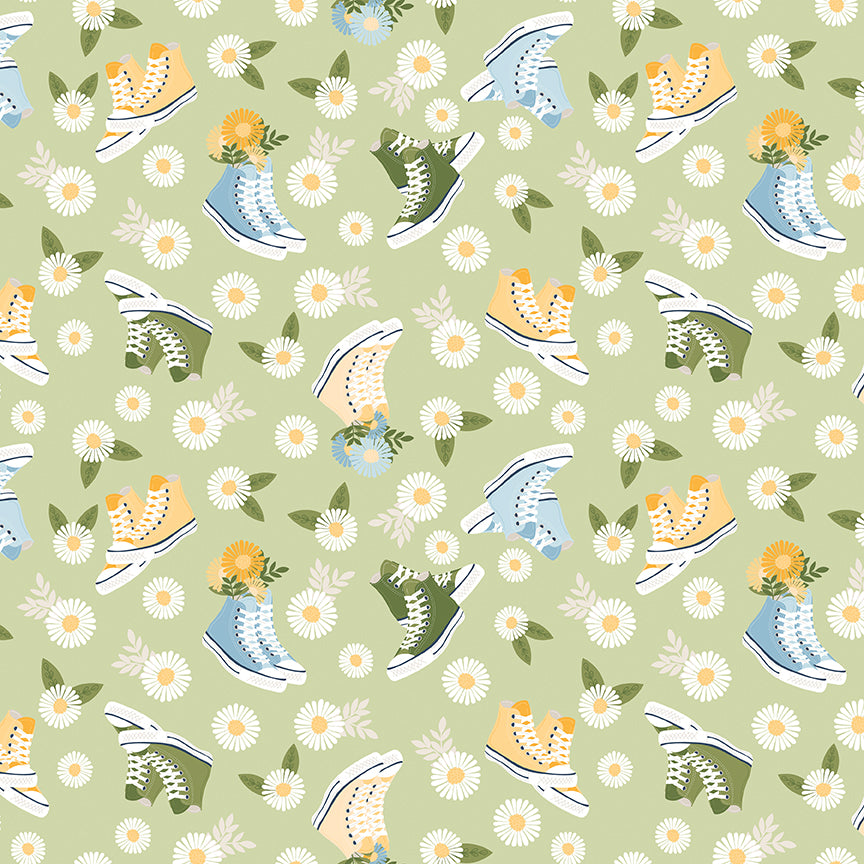 Sunshine & Dandelions Shoes Honeydew fabric by Traci Reed featuring colorful high-top sneakers, daisies and leaves on a green background