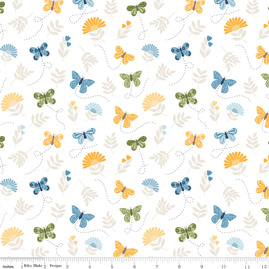 Sunshine & Dandelions Butterflies Cloud quilting cotton by Traci Reed for Riley Blake Designs shown with ruler for print scale