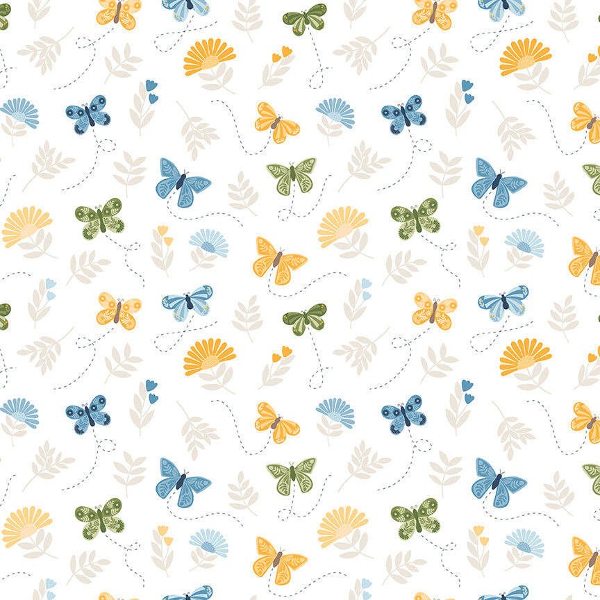 Sunshine & Dandelions Butterflies Cloud fabric by Traci Reed featuring colorful butterflies, flowers and leaves on a white background