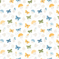 Sunshine & Dandelions Butterflies Cloud fabric by Traci Reed featuring colorful butterflies, flowers and leaves on a white background