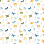 Sunshine & Dandelions Butterflies Cloud fabric by Traci Reed featuring colorful butterflies, flowers and leaves on a white background