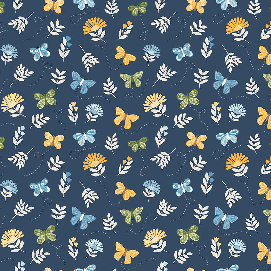 Sunshine & Dandelions Butterflies Navy fabric by Traci Reed featuring colorful butterflies, flowers and leaves on a navy blue background