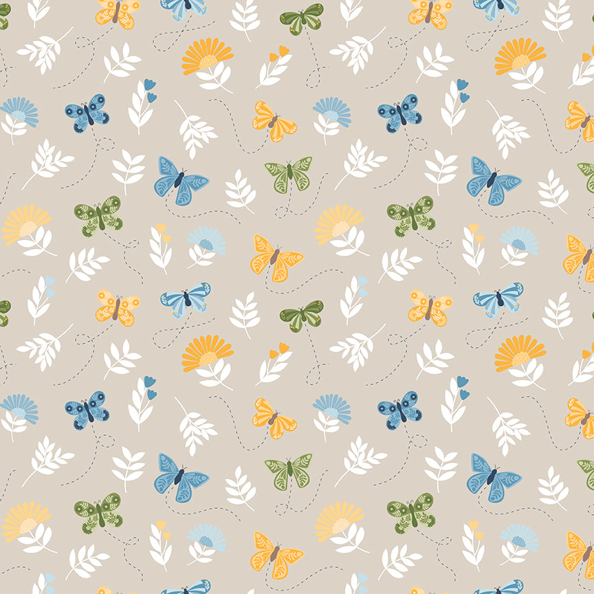 Sunshine & Dandelions Butterflies Sand fabric by Traci Reed featuring colorful butterflies, flowers and leaves on a soft sand background