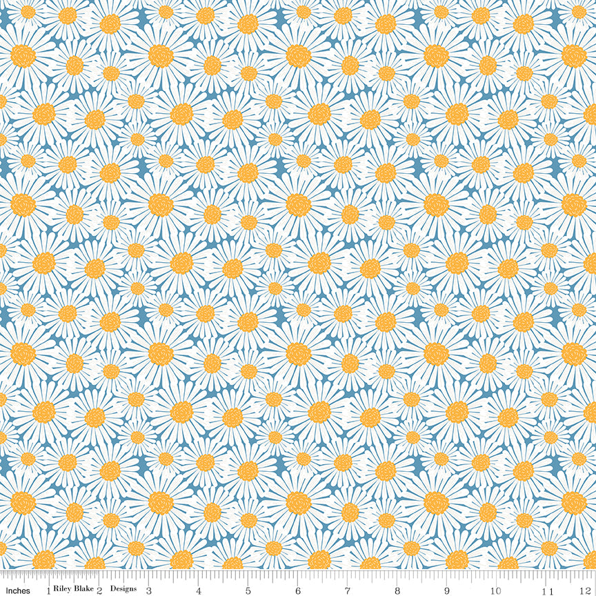 Sunshine & Dandelions Daisies Blue quilting cotton by Traci Reed for Riley Blake Designs shown with ruler for print scale