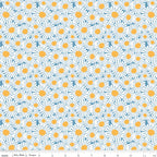 Sunshine & Dandelions Daisies Blue quilting cotton by Traci Reed for Riley Blake Designs shown with ruler for print scale