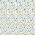 Sunshine & Dandelions Daisies Blue fabric by Traci Reed featuring white daisies with golden yellow centers on a blue background