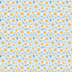 Sunshine & Dandelions Daisies Blue fabric by Traci Reed featuring white daisies with golden yellow centers on a blue background