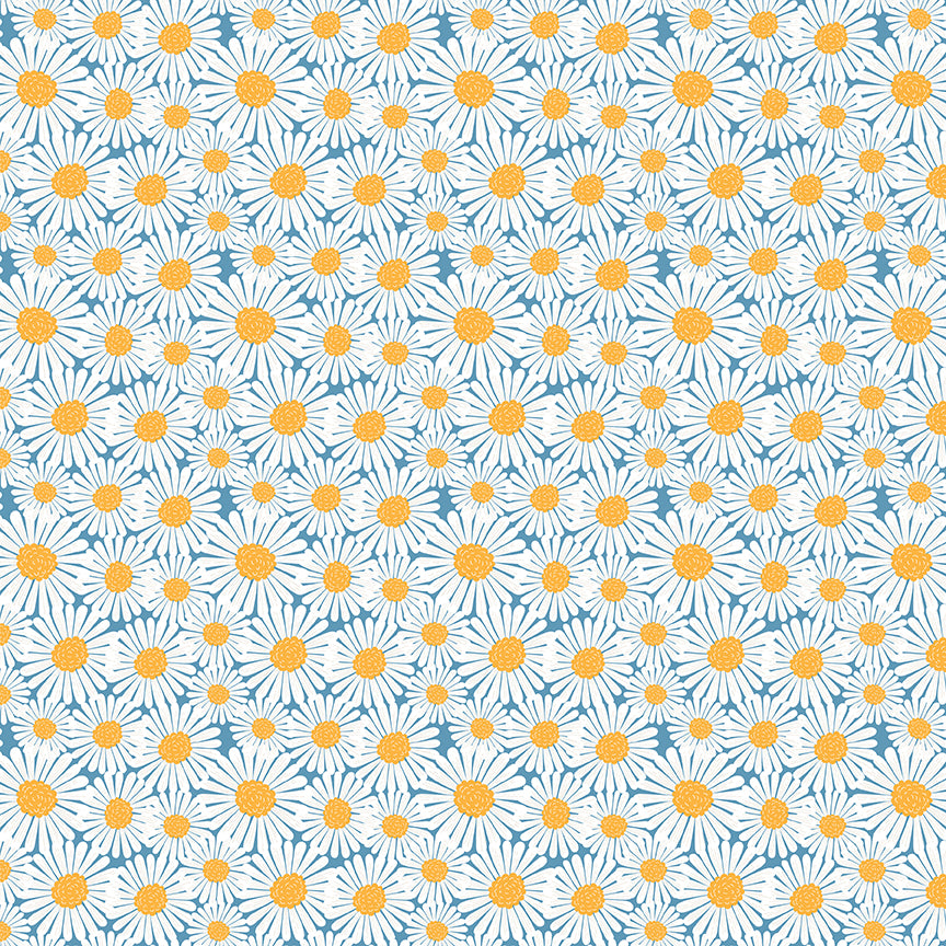 Sunshine & Dandelions Daisies Blue fabric by Traci Reed featuring white daisies with golden yellow centers on a blue background