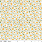 Sunshine & Dandelions Daisies Green quilting cotton by Traci Reed for Riley Blake Designs shown with ruler for print scale