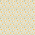 Sunshine & Dandelions Daisies Green fabric by Traci Reed featuring white daisies with golden yellow centers on a green background