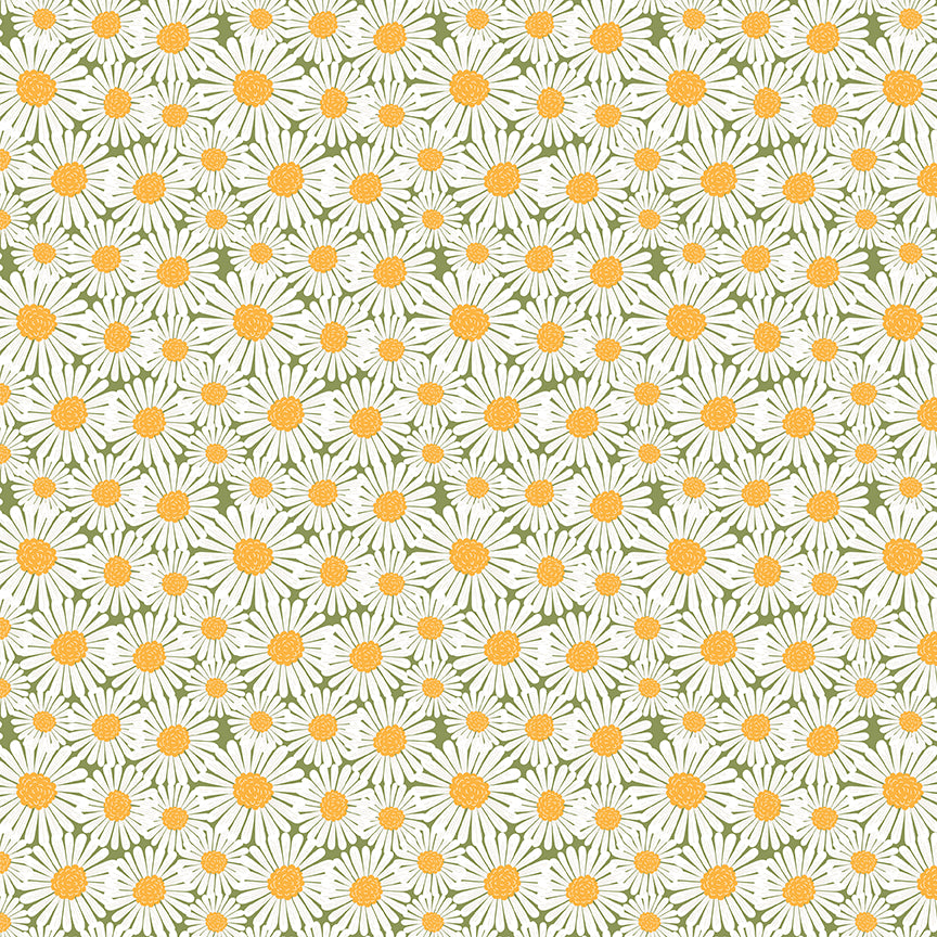 Sunshine & Dandelions Daisies Green fabric by Traci Reed featuring white daisies with golden yellow centers on a green background