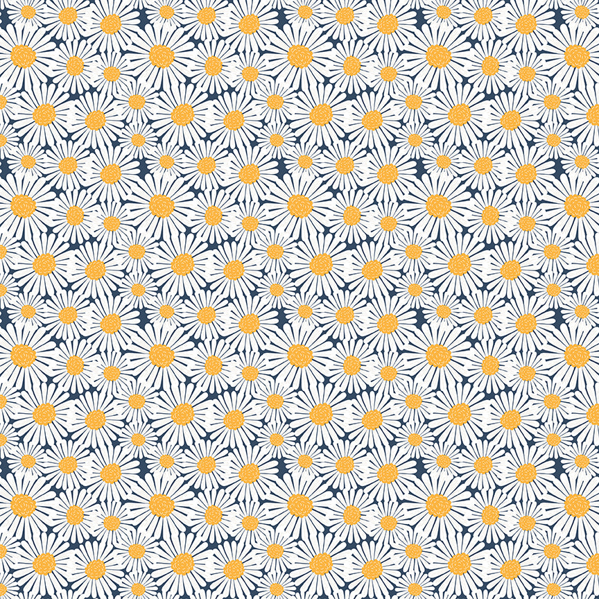 Sunshine & Dandelions Daisies Navy fabric by Traci Reed featuring white daisies with yellow centers on a navy blue background