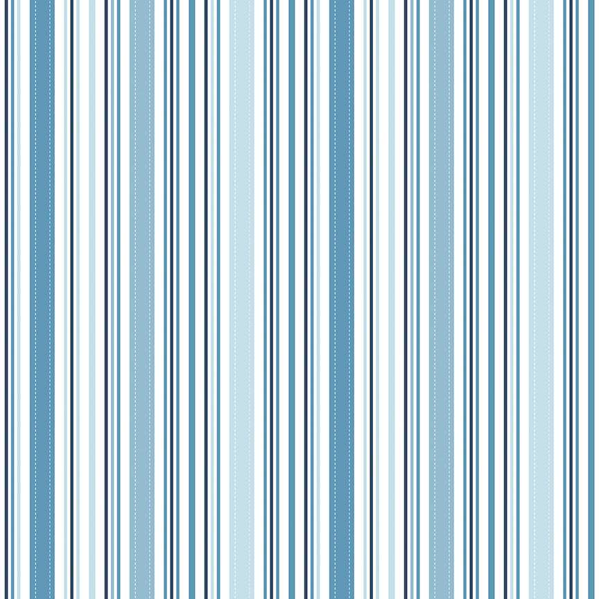 Sunshine & Dandelions Stripes Blue fabric by Traci Reed featuring light blue, navy and white vertical stripes with stitched details
