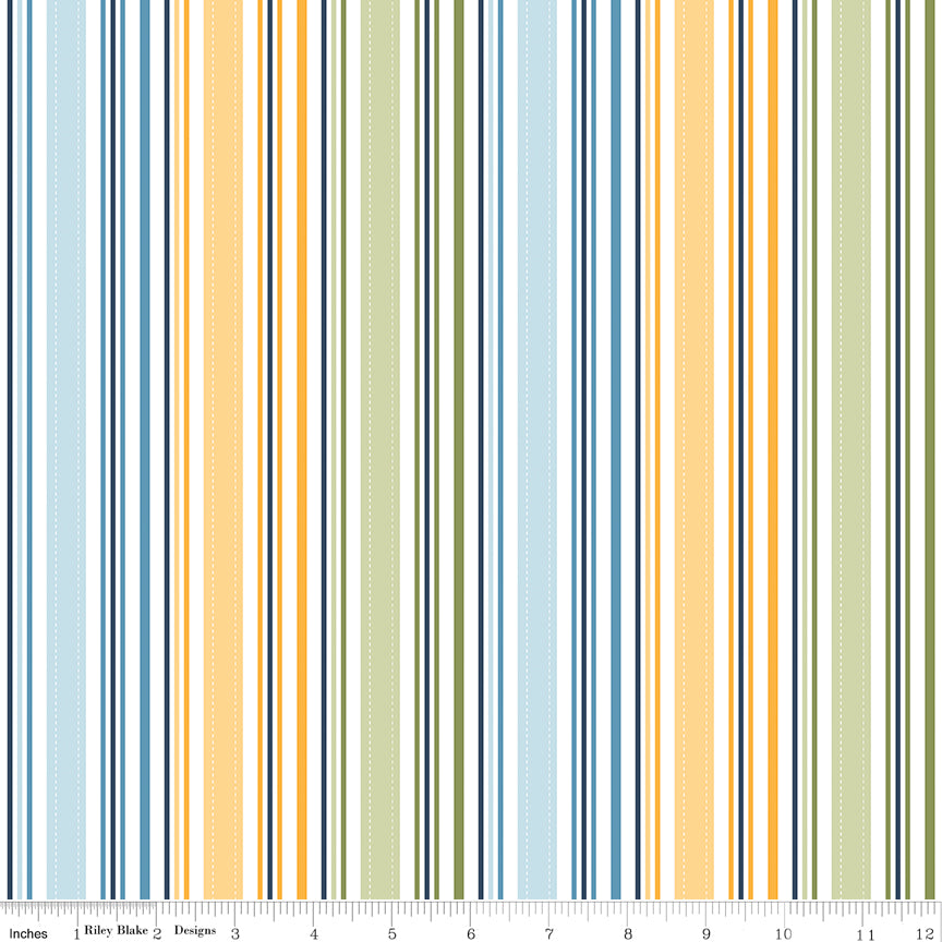Sunshine & Dandelions Stripes Multi quilting cotton by Traci Reed for Riley Blake Designs shown with ruler for print scale