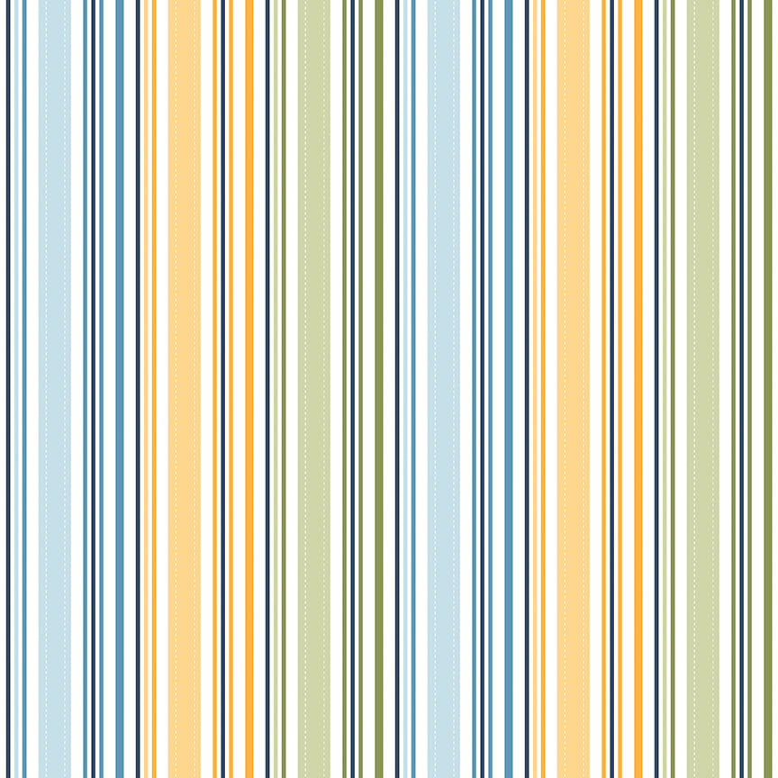 Sunshine & Dandelions Stripes Multi fabric by Traci Reed featuring blue, green, yellow, navy and white vertical stripes with stitched details