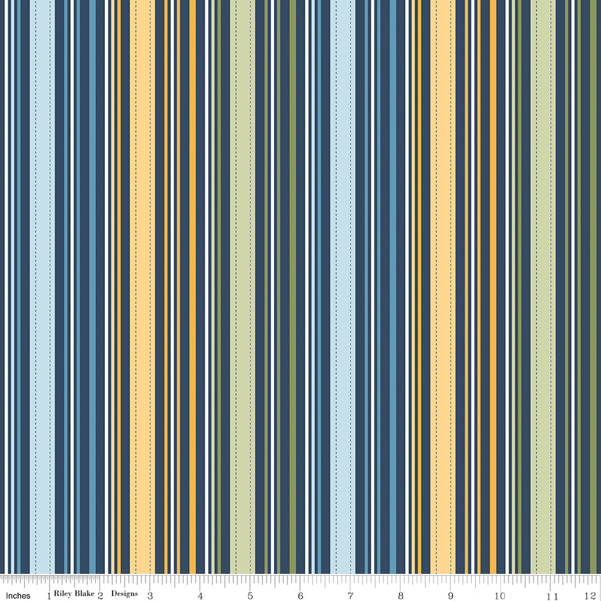 Sunshine & Dandelions Stripes Navy quilting cotton by Traci Reed for Riley Blake Designs shown with ruler for print scale