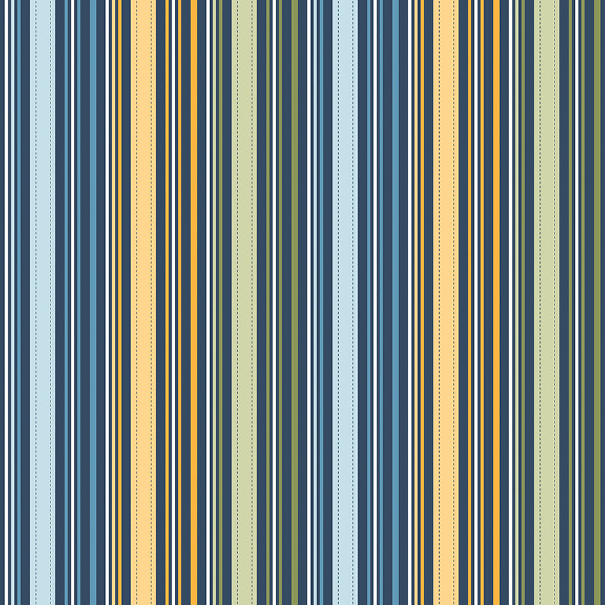 Sunshine & Dandelions Stripes Navy fabric by Traci Reed featuring blue, green, yellow and cream stripes on a navy background