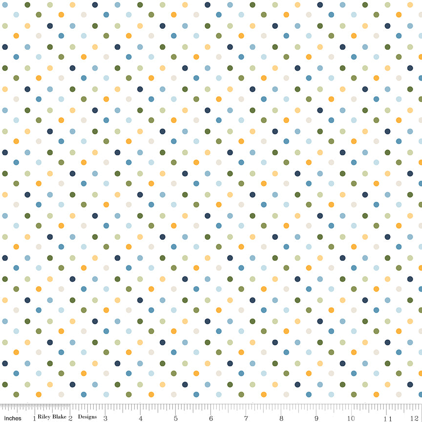 Sunshine & Dandelions Dots Cloud quilting cotton by Traci Reed for Riley Blake Designs shown with ruler for print scale