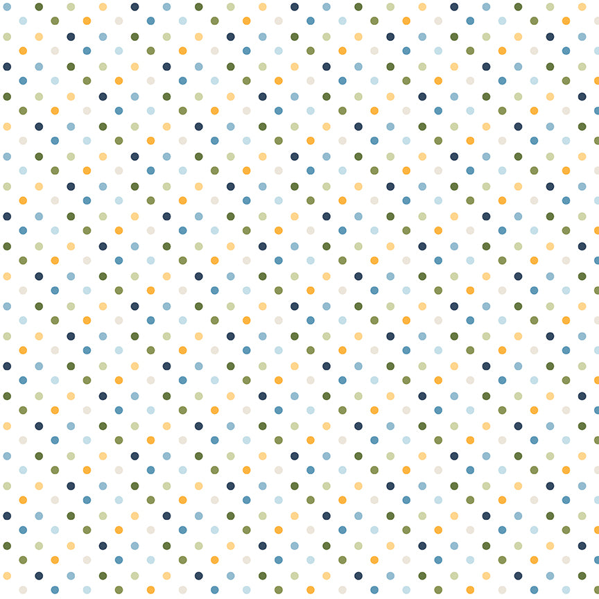Sunshine & Dandelions Dots Cloud fabric by Traci Reed featuring blue, green, yellow and navy polka dots on a white background