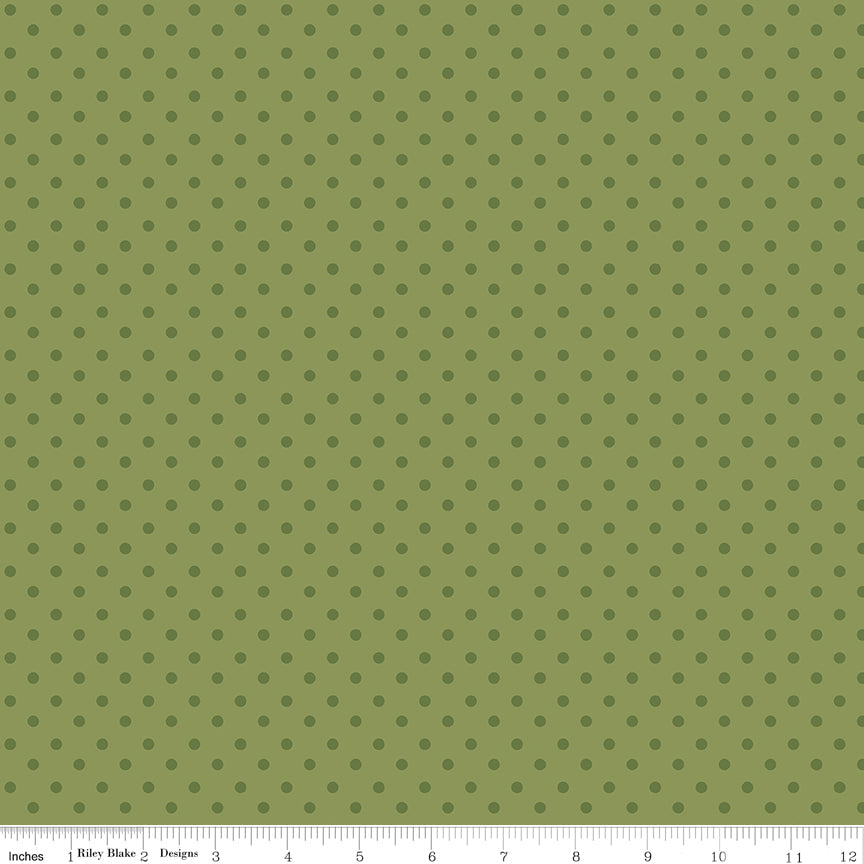 Sunshine & Dandelions Dots Green quilting cotton by Traci Reed for Riley Blake Designs shown with ruler for print scale