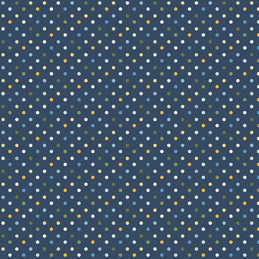 Sunshine & Dandelions Dots Navy fabric by Traci Reed featuring colorful polka dots on a navy blue background