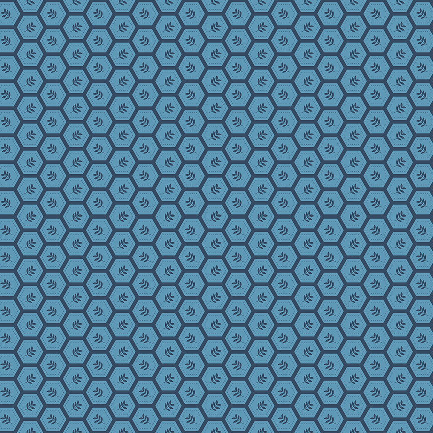 Sunshine & Dandelions Hexies Blue fabric by Traci Reed featuring blue hexagons with stitched details and small leaves