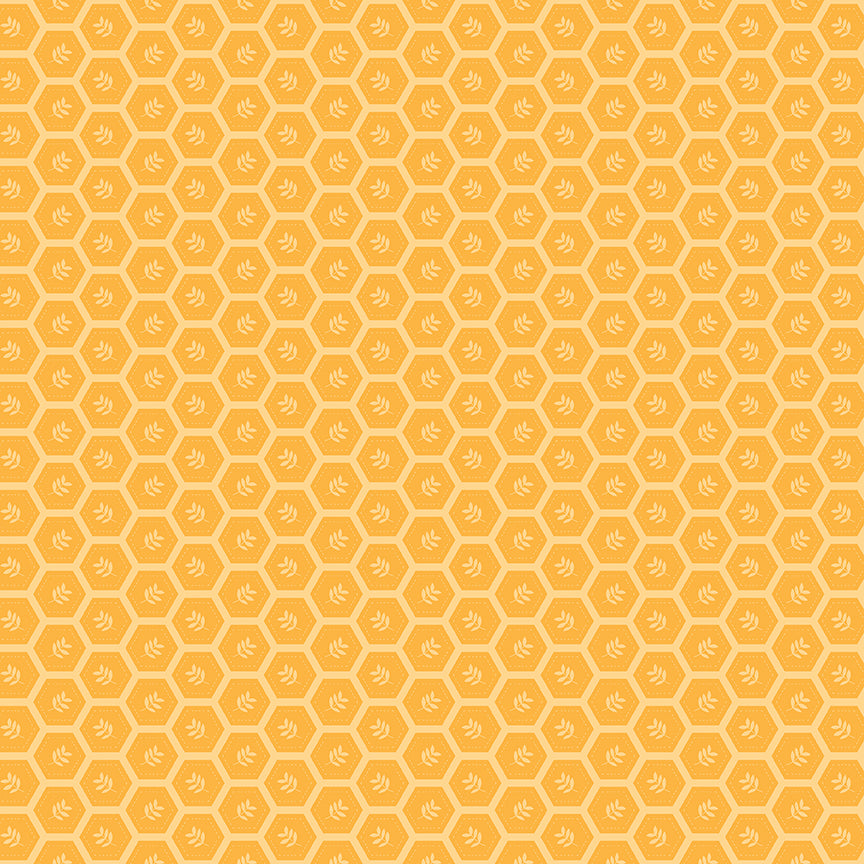 Sunshine & Dandelions Hexies Daisy fabric by Traci Reed featuring yellow hexagons with stitched details and small leaves