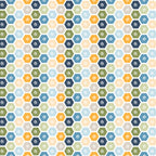 Sunshine & Dandelions Hexies Multi fabric by Traci Reed featuring colorful blue, green, yellow and cream hexagons with botanical leaves