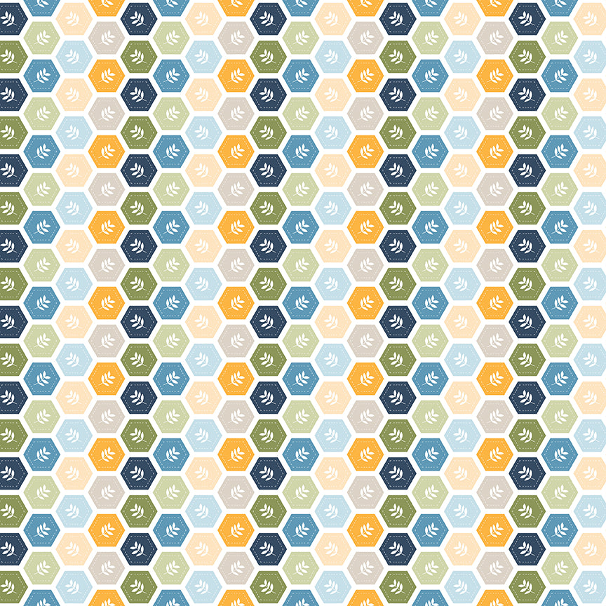 Sunshine & Dandelions Hexies Multi fabric by Traci Reed featuring colorful blue, green, yellow and cream hexagons with botanical leaves