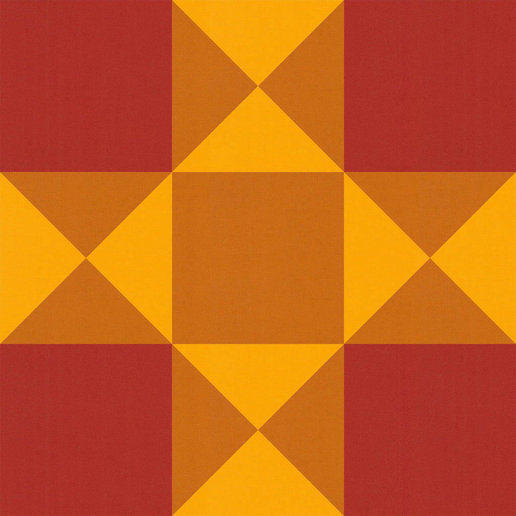Digital quilt block mockup featuring Kona Cotton Papaya, Cedar, and Cayenne in a warm geometric design.