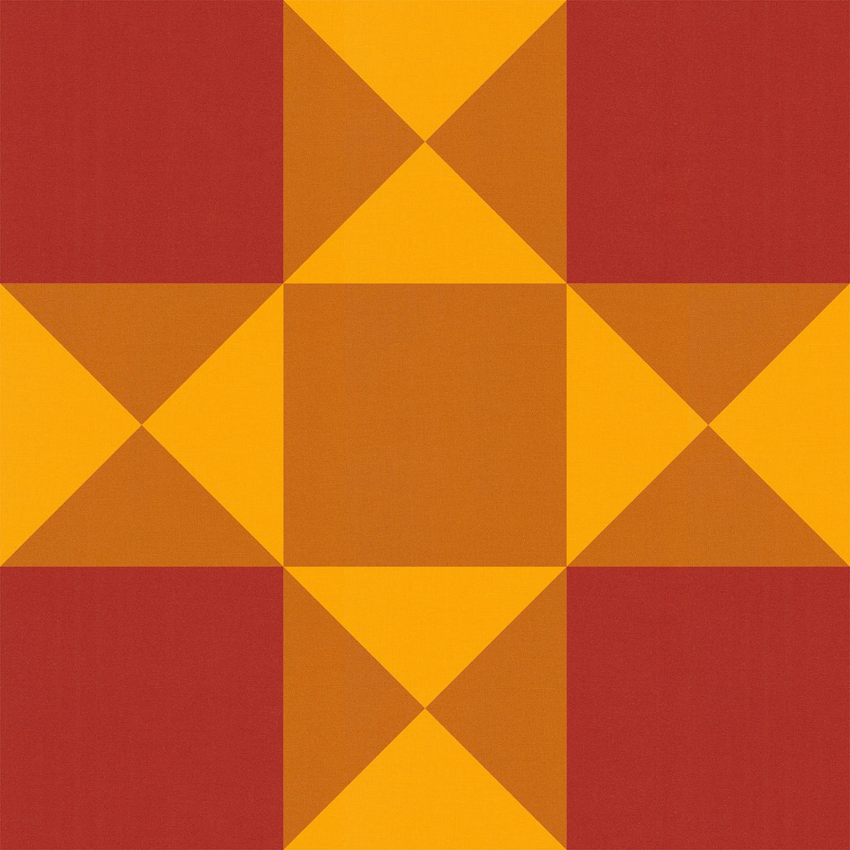 Digital quilt block mockup featuring Kona Cotton Papaya, Cedar, and Cayenne in a warm geometric design.