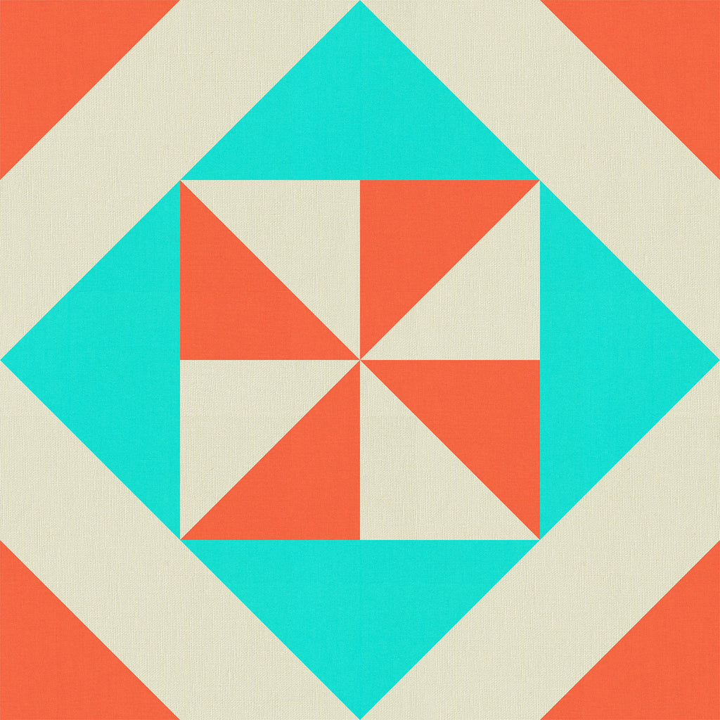 Digital quilt block mockup featuring Kona Cotton Coral, Pool Blue, and Champagne in a geometric pinwheel design.