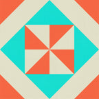 Digital quilt block mockup featuring Kona Cotton Coral, Pool Blue, and Champagne in a geometric pinwheel design.