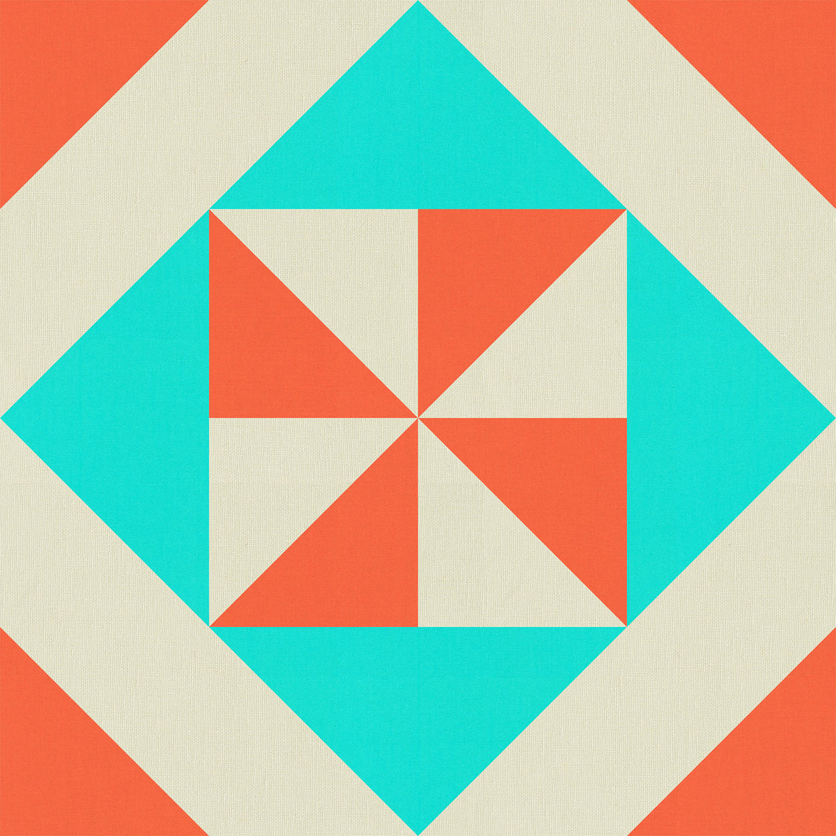 Digital quilt block mockup featuring Kona Cotton Coral, Pool Blue, and Champagne in a geometric pinwheel design.