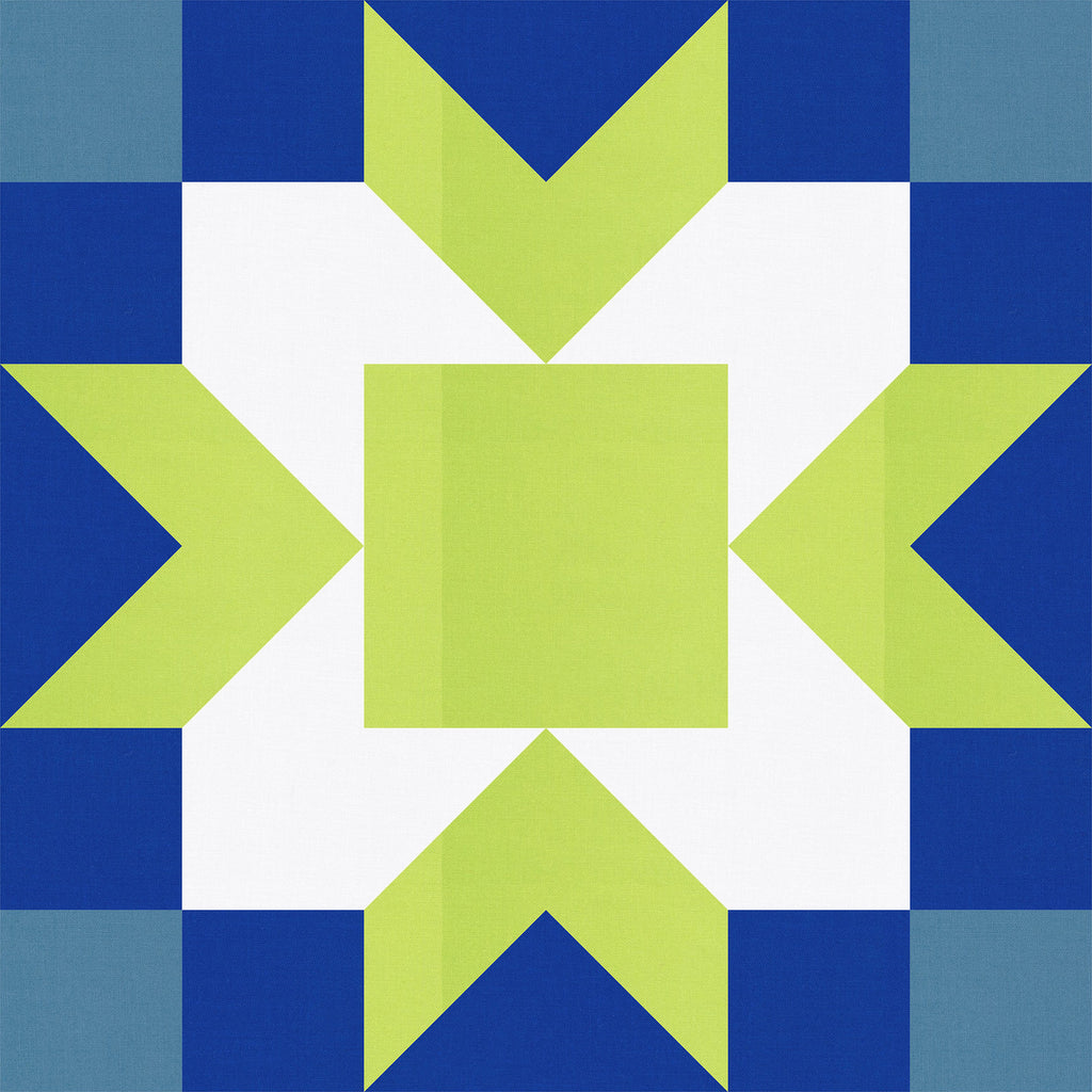 Digital geometric quilt block mockup featuring Kona Cotton Ocean Blue, Delft Blue, Sprout Green, and White.