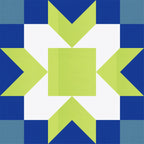 Digital geometric quilt block mockup featuring Kona Cotton Ocean Blue, Delft Blue, Sprout Green, and White.