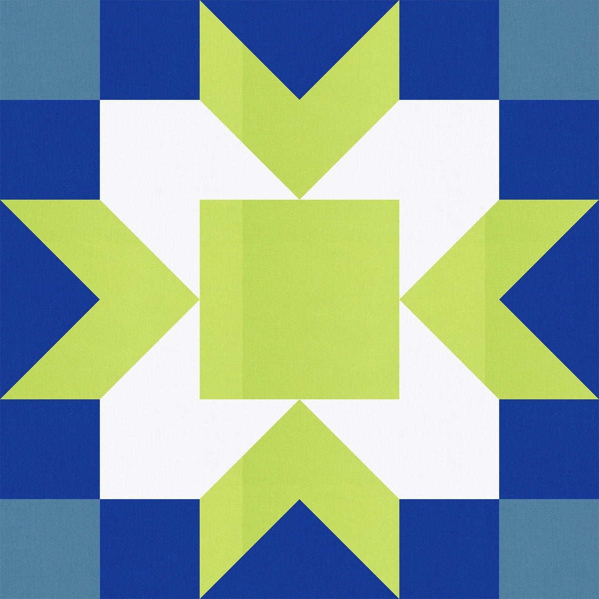 Digital geometric quilt block mockup featuring Kona Cotton Ocean Blue, Delft Blue, Sprout Green, and White.