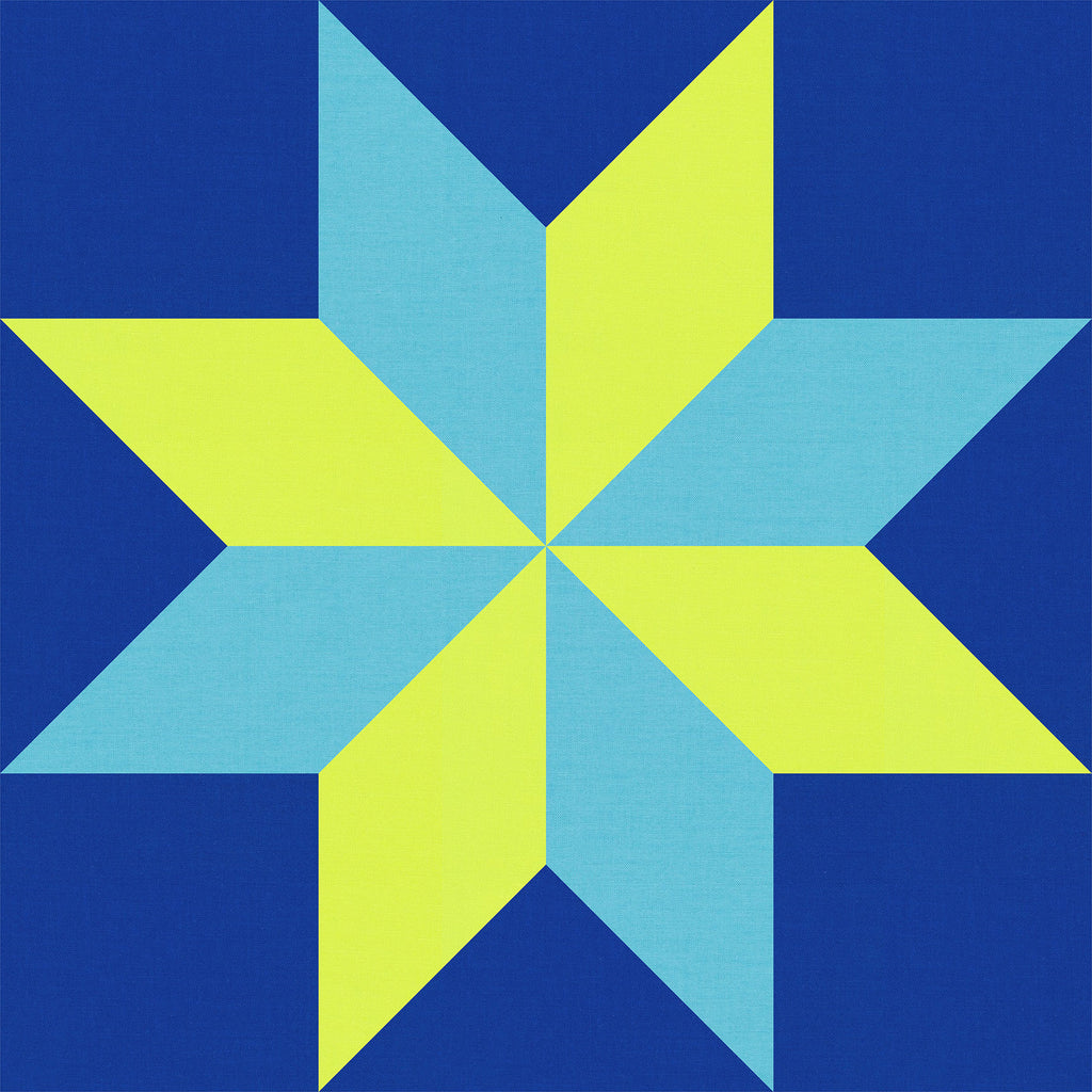 Digital star quilt block mockup featuring Kona Cotton Ocean Blue, Seascape Blue, and Lime Green.