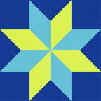 Digital star quilt block mockup featuring Kona Cotton Ocean Blue, Seascape Blue, and Lime Green.