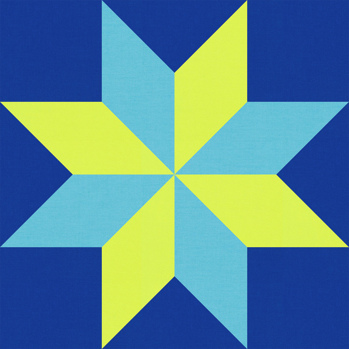 Digital star quilt block mockup featuring Kona Cotton Ocean Blue, Seascape Blue, and Lime Green.