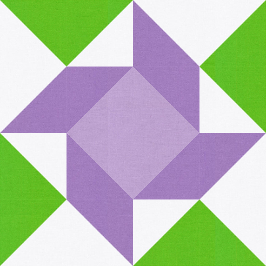 Digital geometric quilt block mockup featuring Kona Cotton Parrot Green, Wisteria, Orchid Ice, and White.
