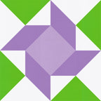 Digital geometric quilt block mockup featuring Kona Cotton Parrot Green, Wisteria, Orchid Ice, and White.