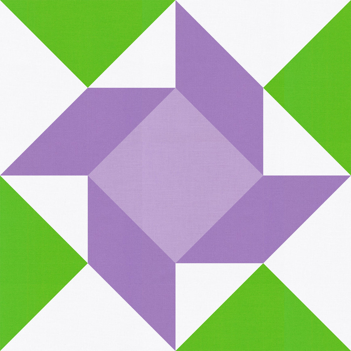 Digital geometric quilt block mockup featuring Kona Cotton Parrot Green, Wisteria, Orchid Ice, and White.