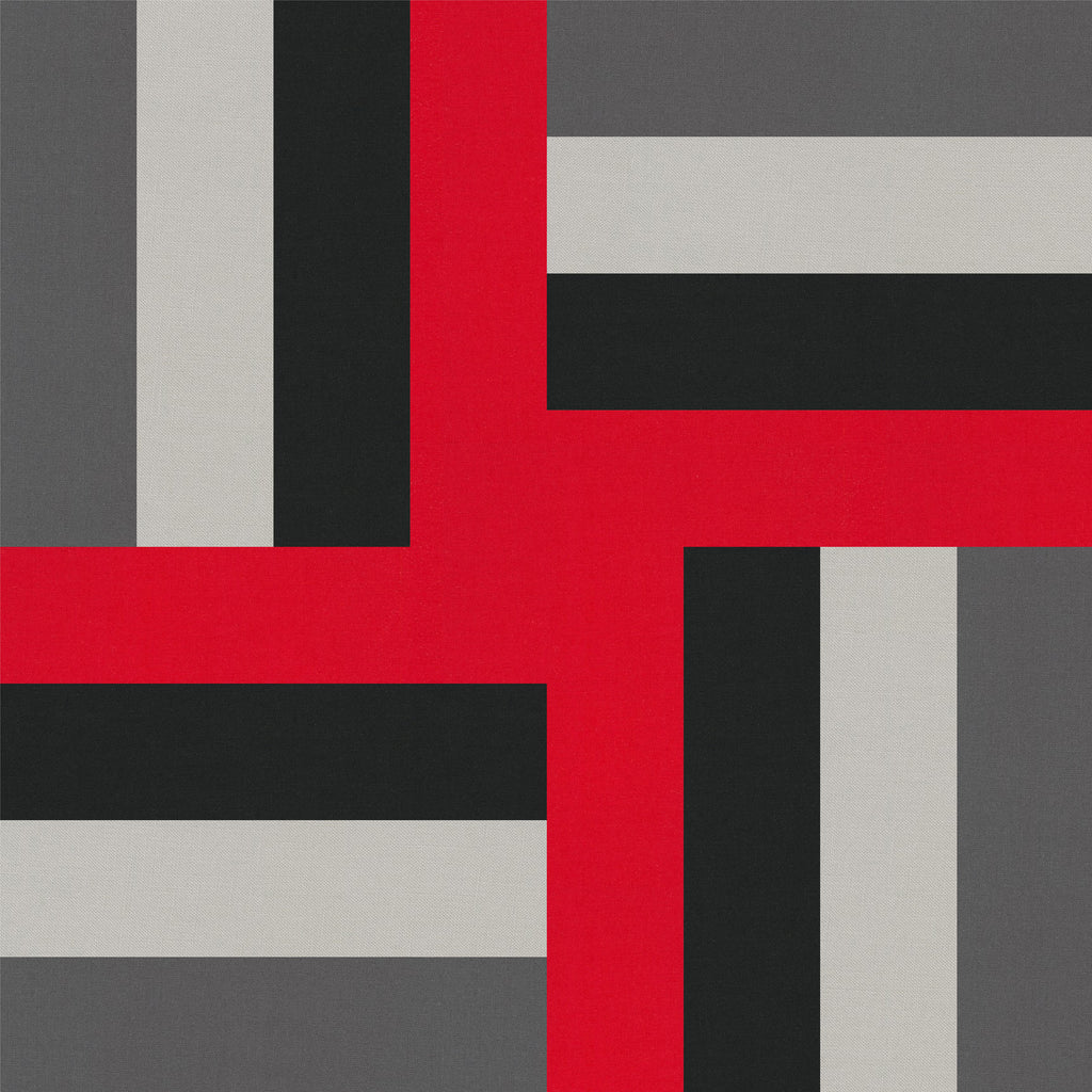 Digital modern geometric quilt block mockup featuring Kona Cotton Red, Black, Coal, and Ash.