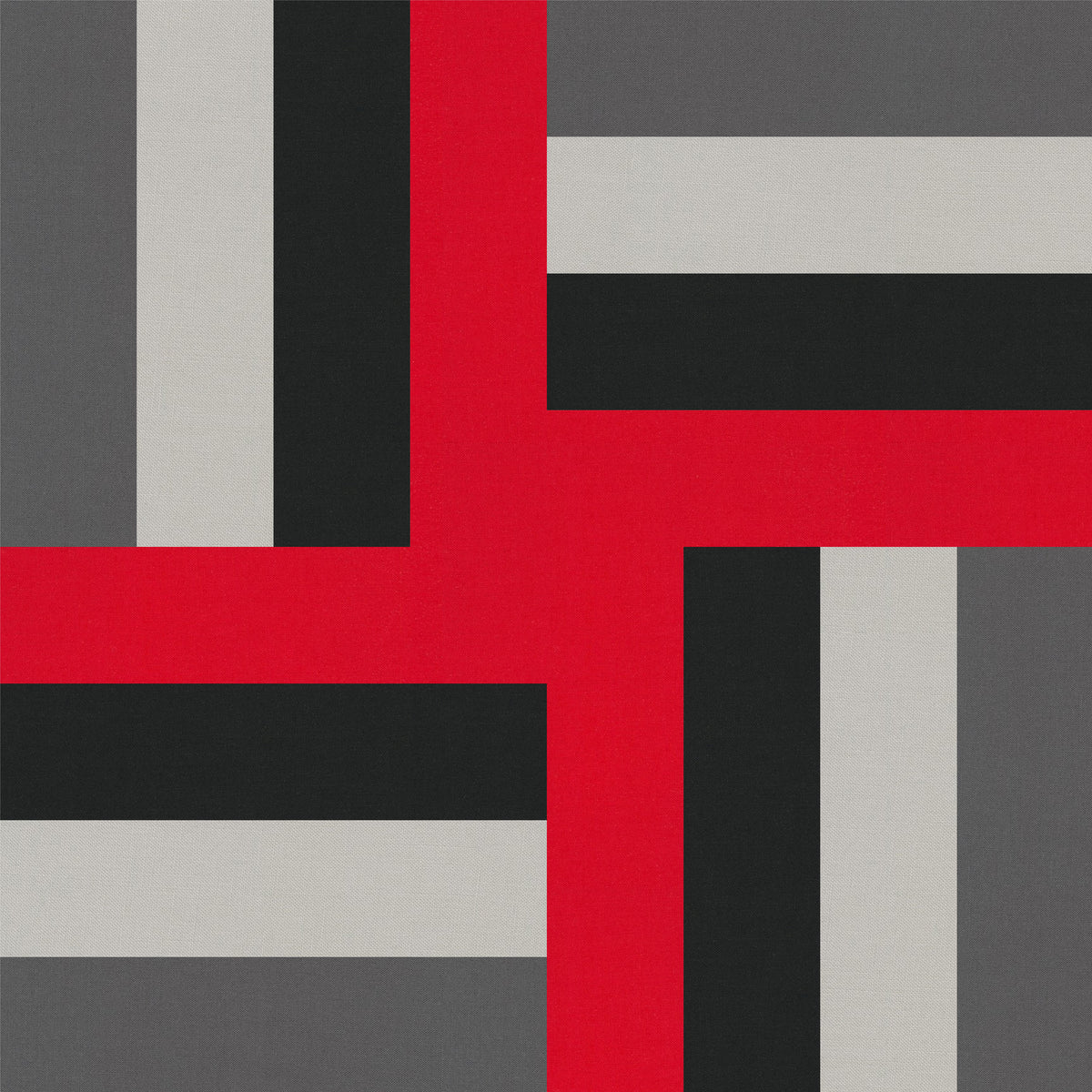Digital modern geometric quilt block mockup featuring Kona Cotton Red, Black, Coal, and Ash.